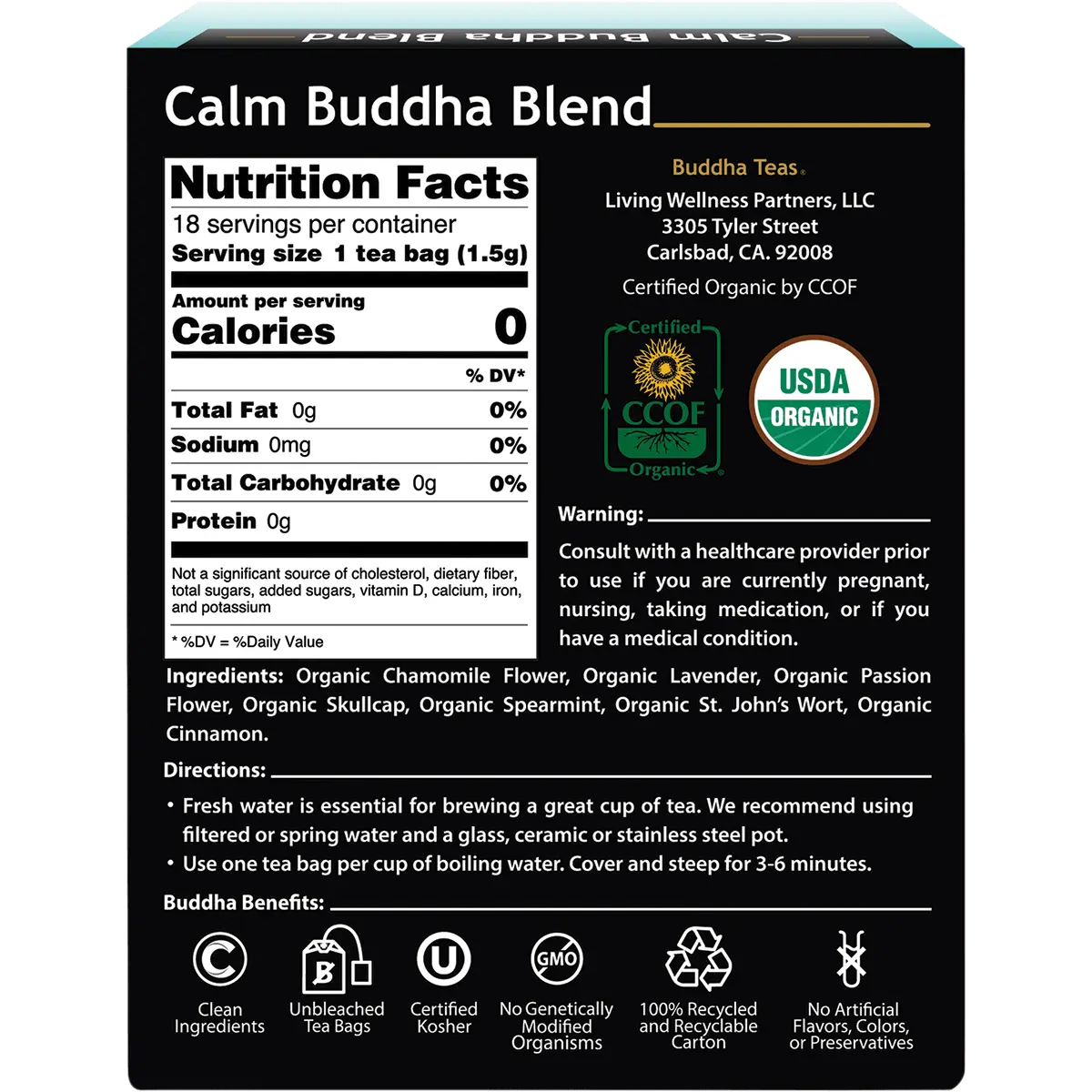 Buddha Teas Organic Herbal Tea Bags Calm Buddha Blend 18 Sachets — back pack image (UHP)