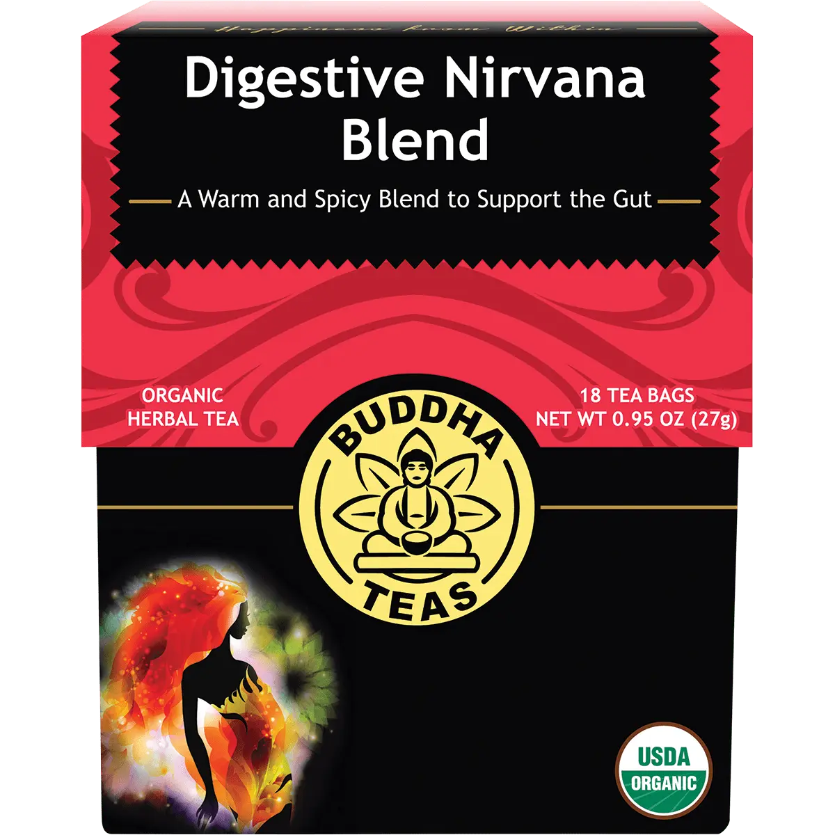 Buddha Teas Organic Herbal  Digestive Nirvana 18 Sachets — front pack image (UHP)