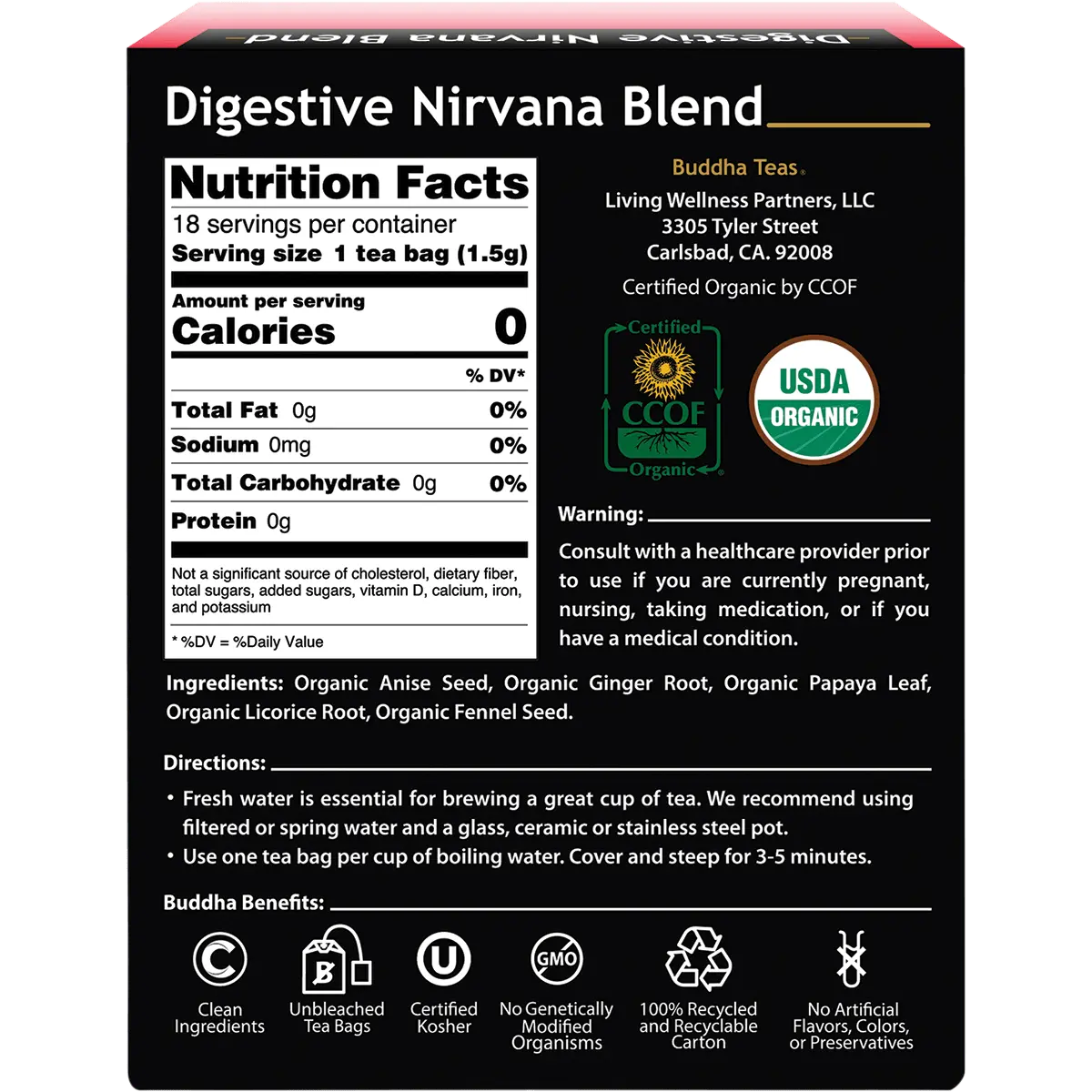 Buddha Teas Organic Herbal  Digestive Nirvana 18 Sachets — back pack image (UHP)