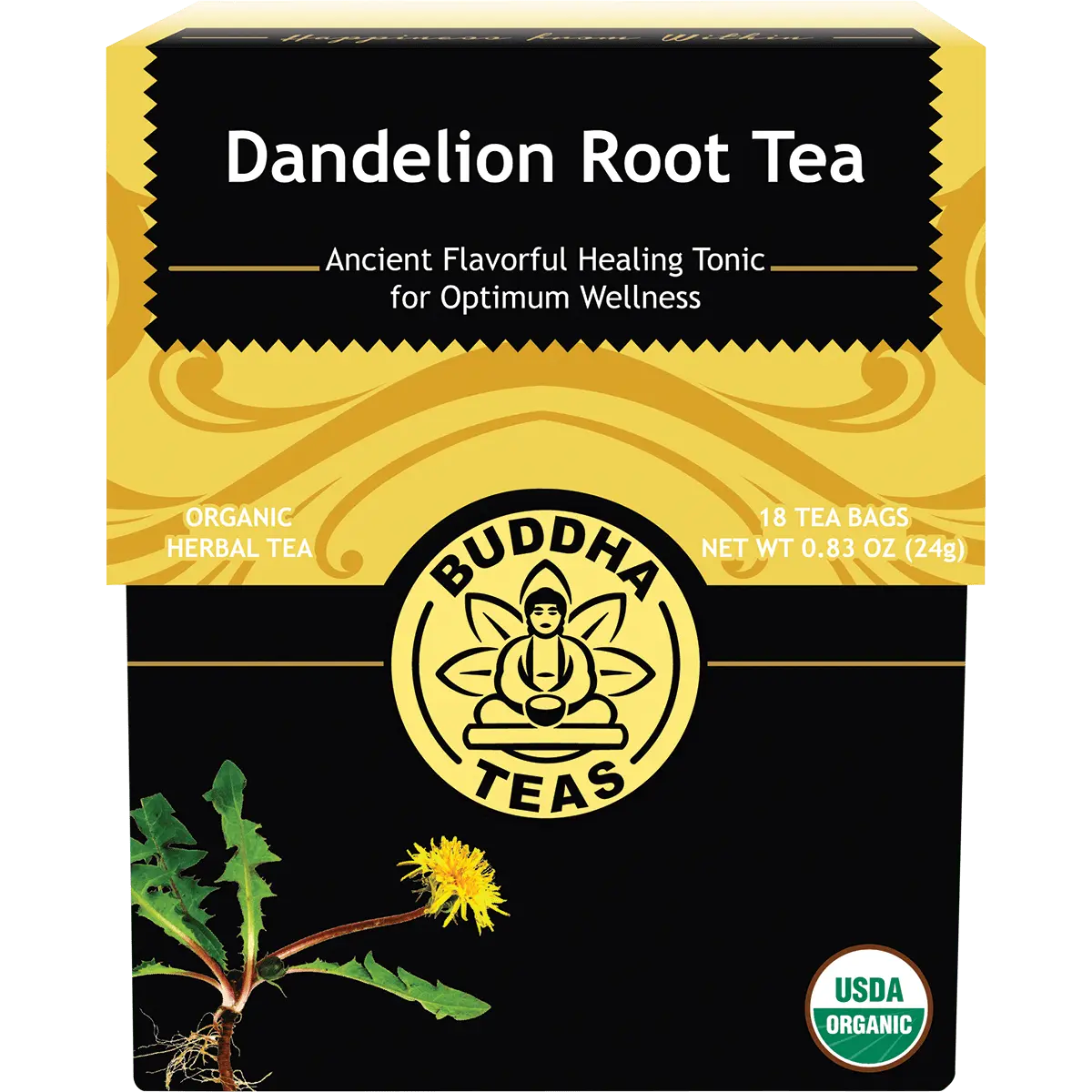 Buddha Teas Organic Herbal Dandelion Root Tea 18 Sachets — front pack image (UHP)
