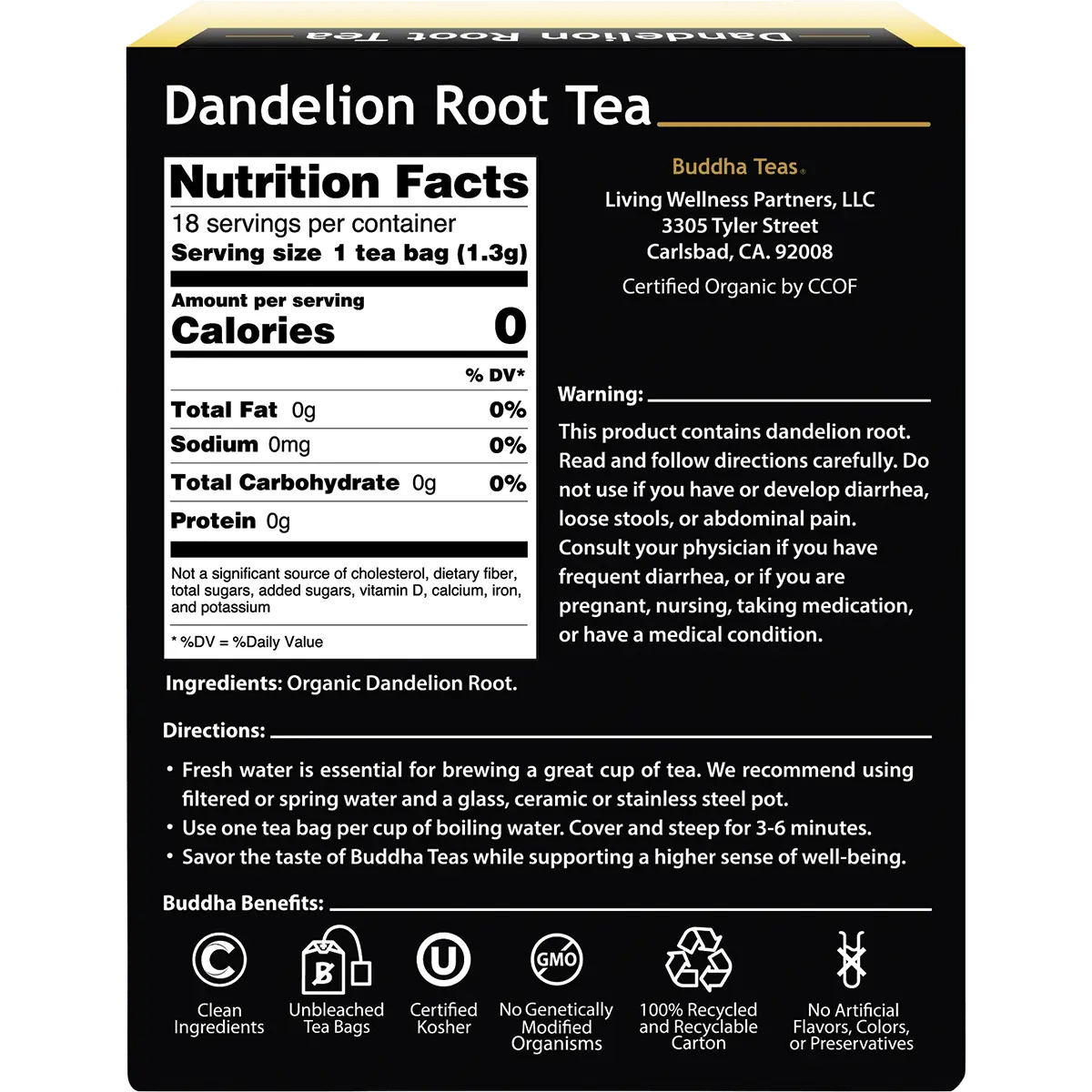 Buddha Teas Organic Herbal Dandelion Root Tea 18 Sachets — back pack image (UHP)