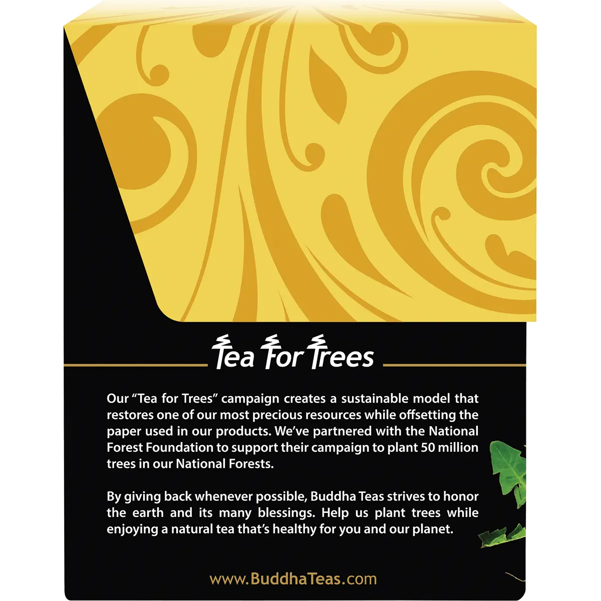 Buddha Teas Organic Herbal Dandelion Root Tea 18 Sachets — side pack image (UHP)