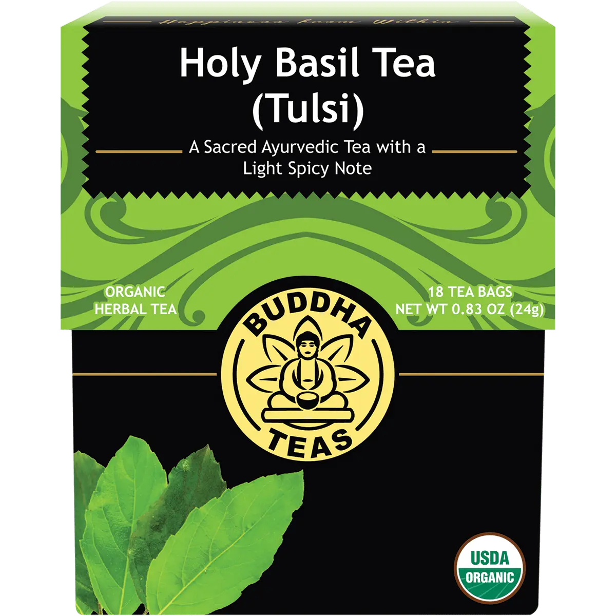 Buddha Teas Organic Herbal Holy Basil Tea (Tulsi) 18 Sachets — front pack image (UHP)