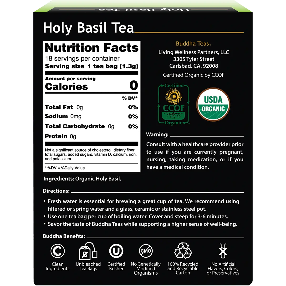 Buddha Teas Organic Herbal Holy Basil Tea (Tulsi) 18 Sachets — back pack image (UHP)