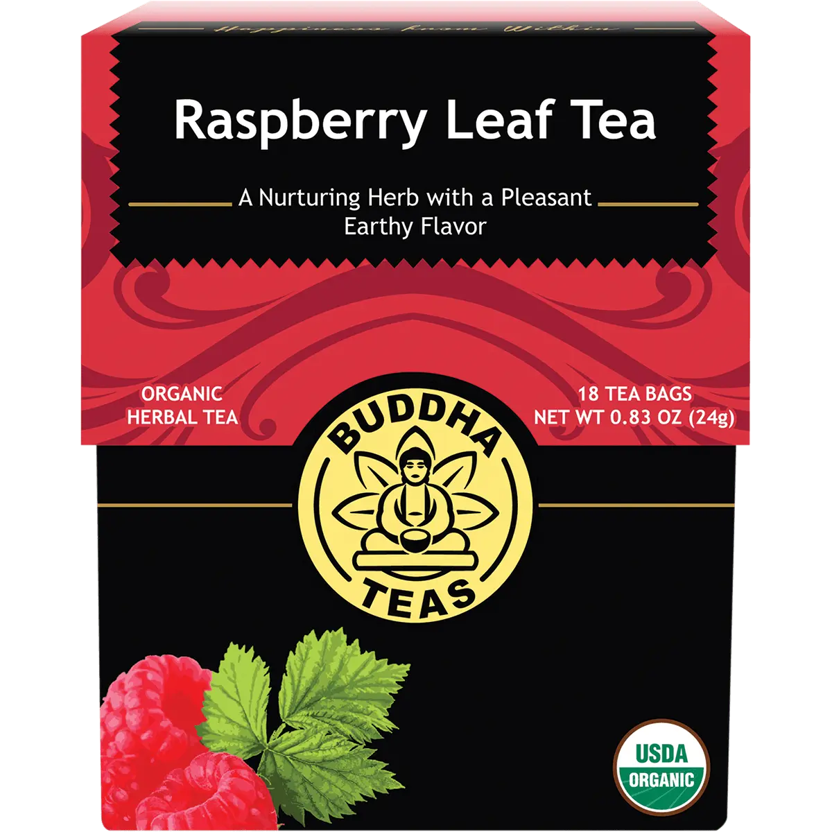 Buddha Teas Organic Herbal Raspberry Leaf Tea 18 Sachets — front pack image (UHP)