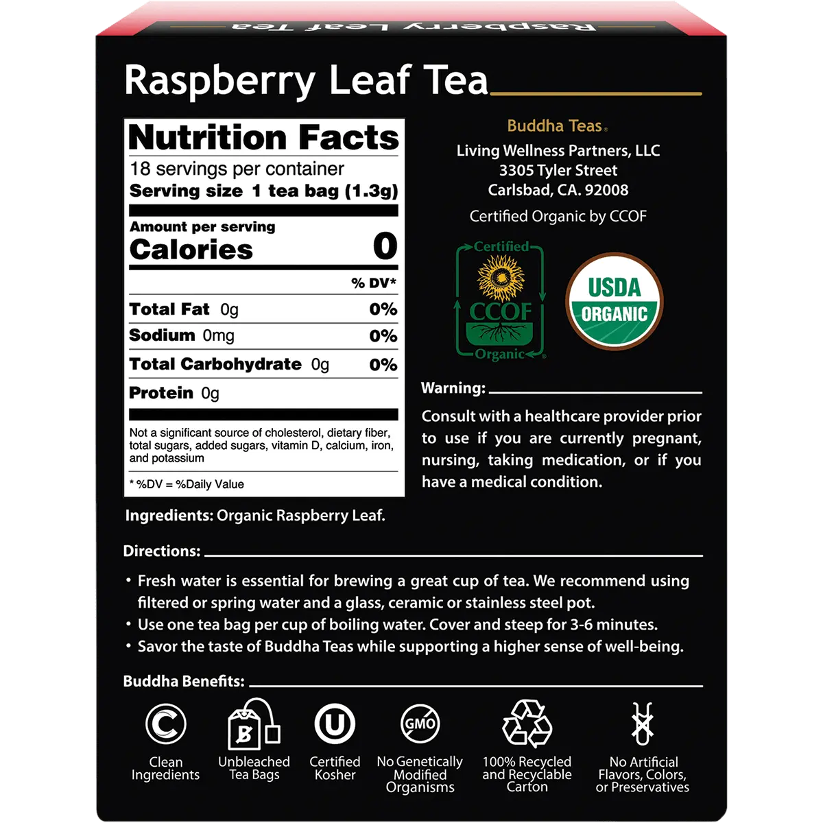 Buddha Teas Organic Herbal Raspberry Leaf Tea 18 Sachets — back pack image (UHP)