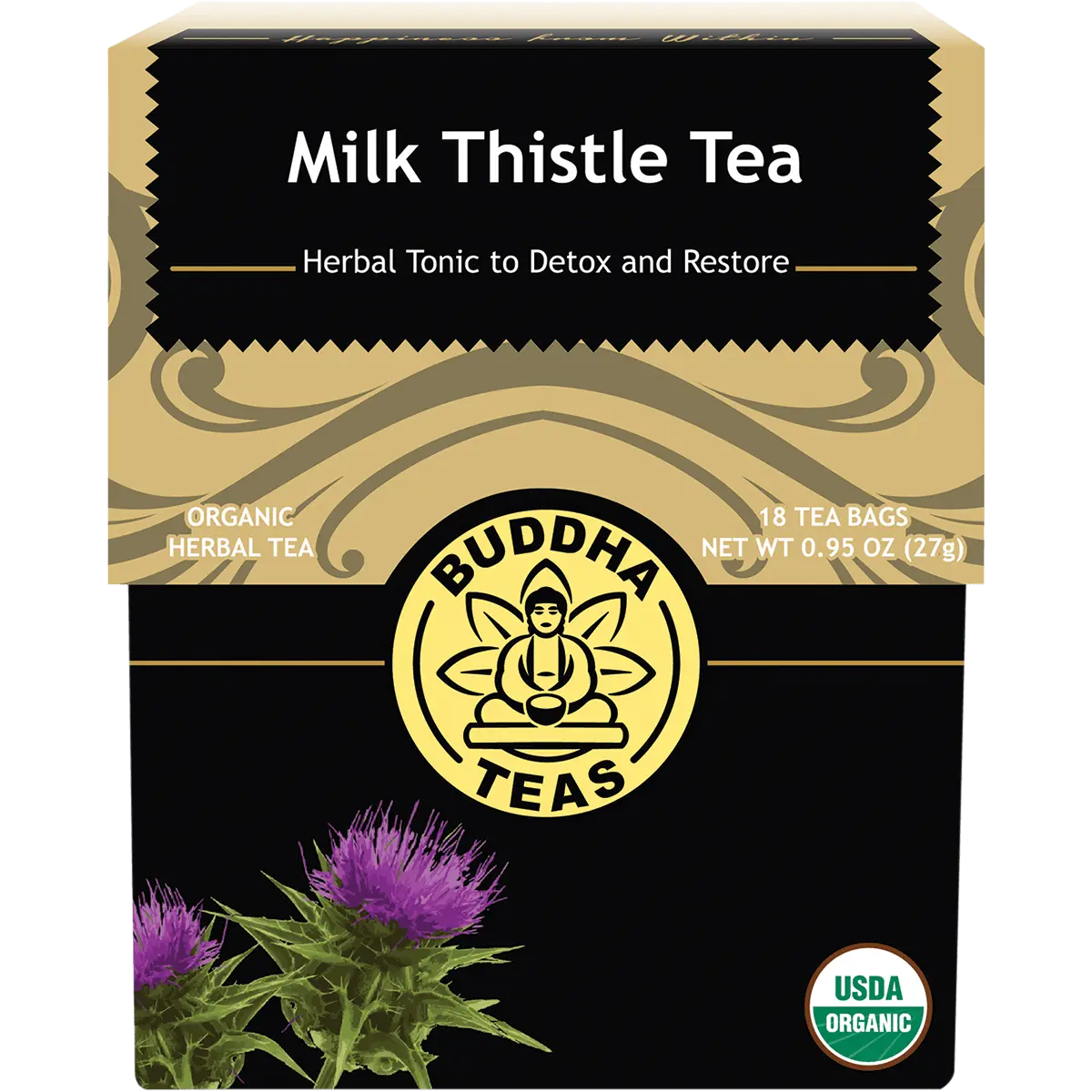 Buddha Teas Organic Herbal Milk Thistle Tea 18 Sachets — front pack image (UHP)