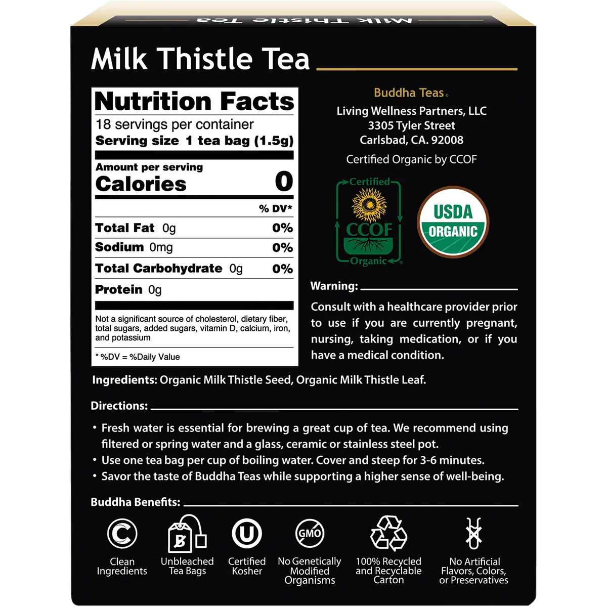 Buddha Teas Organic Herbal Milk Thistle Tea 18 Sachets — back pack image (UHP)