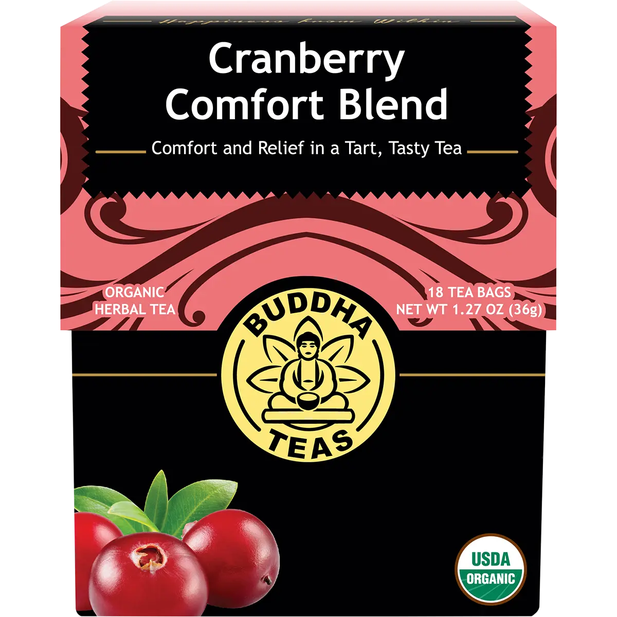 Buddha Teas Organic Herbal Tea Bags Cranberry Comfort Blend 18pk — front pack image (UHP)