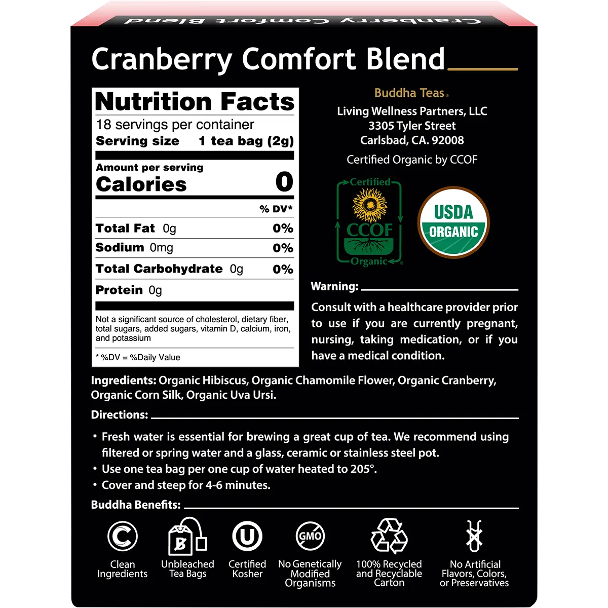 Buddha Teas Organic Herbal Tea Bags Cranberry Comfort Blend 18pk — back pack image (UHP)