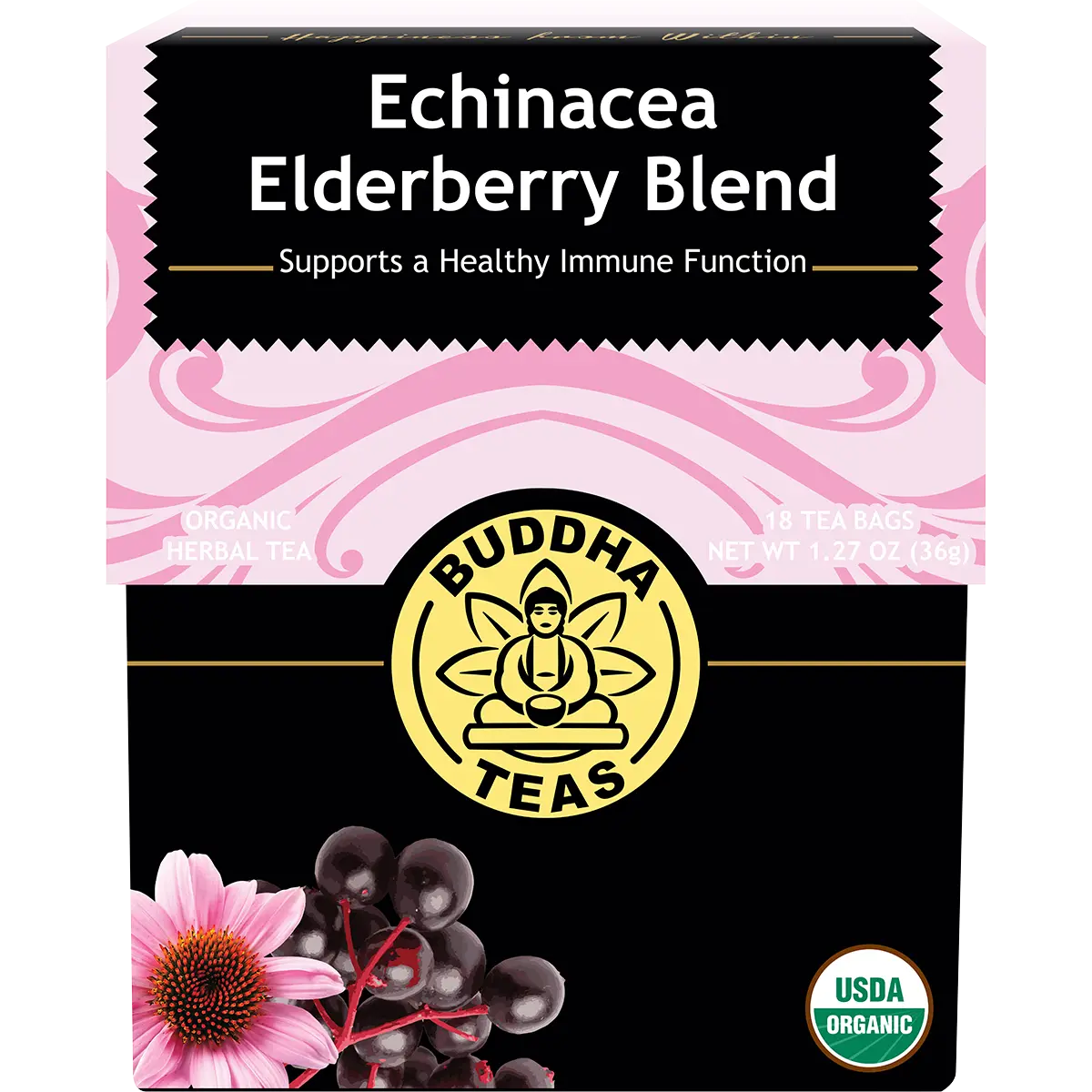 Buddha Teas Organic Herbal Tea Bags Echinacea Elderberry Blend 18pk — front pack image (UHP)