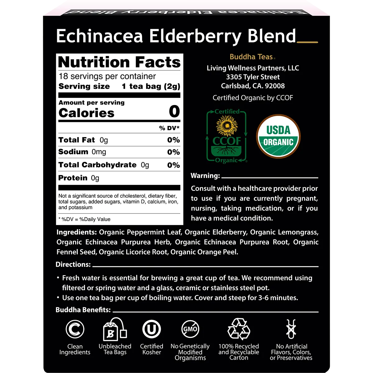 Buddha Teas Organic Herbal Tea Bags Echinacea Elderberry Blend 18pk — back pack image (UHP)