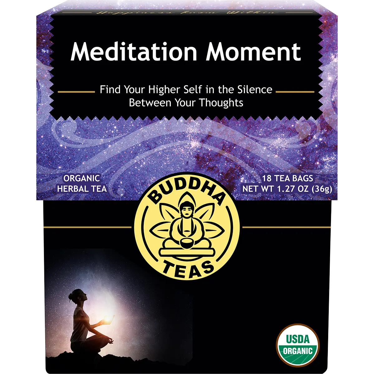 Buddha Teas Organic Herbal Tea Bags Meditation Moment 18pk — front pack image (UHP)