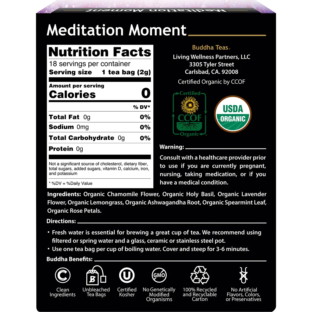 Buddha Teas Organic Herbal Tea Bags Meditation Moment 18pk — back pack image (UHP)