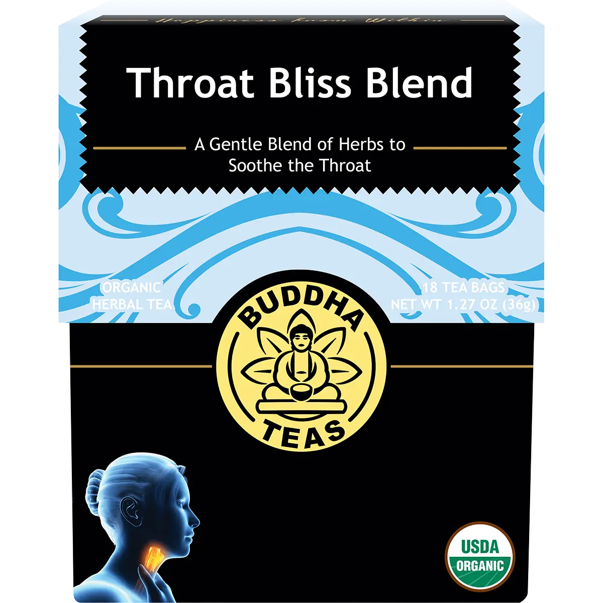 Buddha Teas Organic Herbal Tea Bags Throat Bliss Blend 18pk — front pack image (UHP)