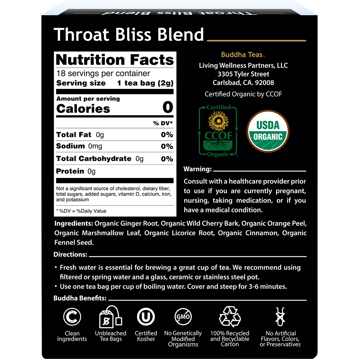 Buddha Teas Organic Herbal Tea Bags Throat Bliss Blend 18pk — back pack image (UHP)