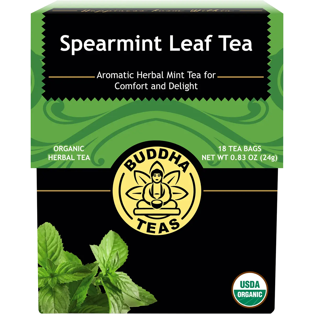 Buddha Teas Organic Herbal Tea Bags Spearmint Leaf Tea 18pk — front pack image (UHP)