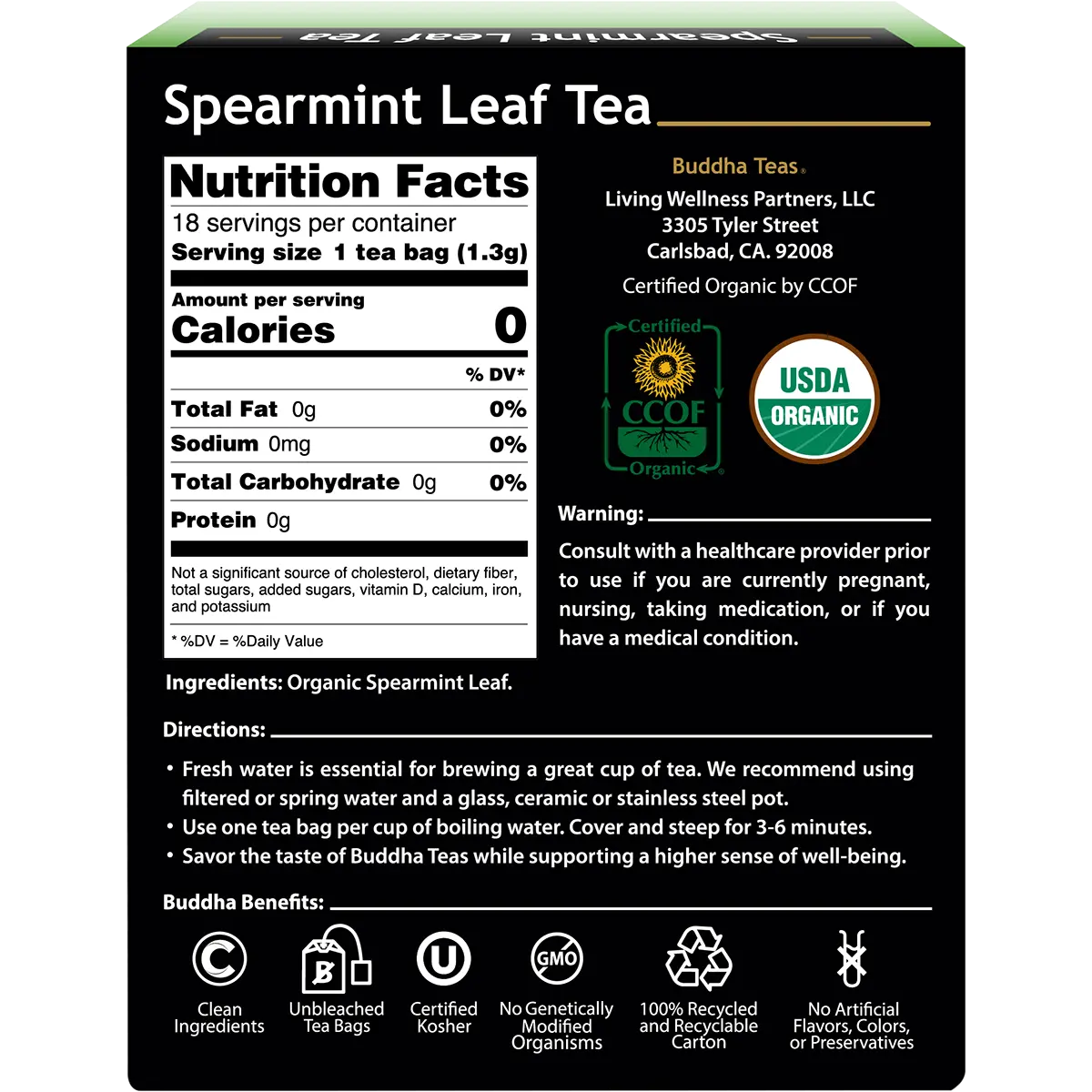 Buddha Teas Organic Herbal Tea Bags Spearmint Leaf Tea 18pk — back pack image (UHP)