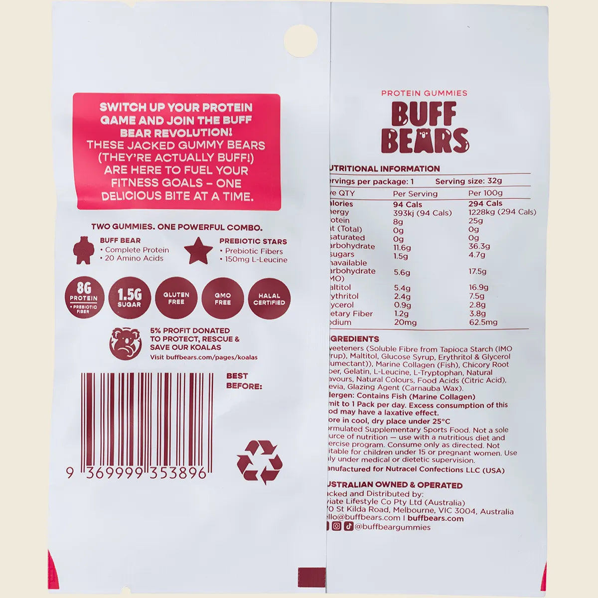 Buff Bears Protein Gummies Pink Lemonade 12x32g Buff Bears