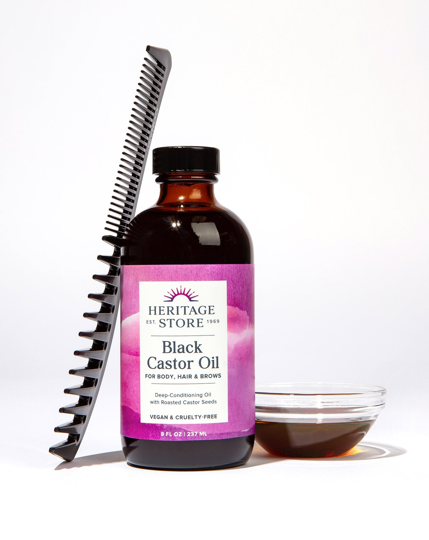 Heritage Store Black Castor Oil 237ml — official styled hair-care lifestyle image