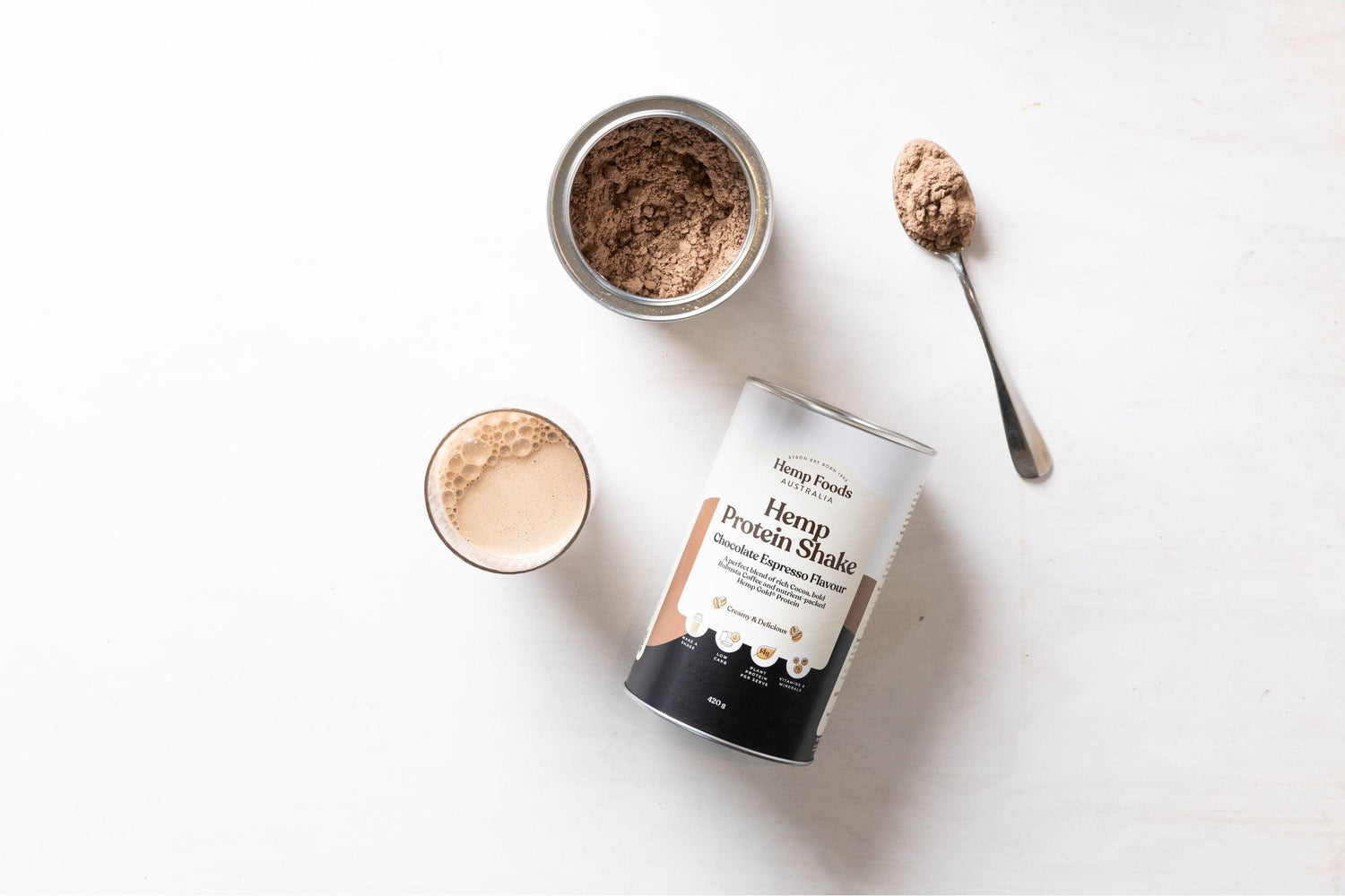 Hemp Foods Australia Chocolate Espresso Hemp Protein Shake — prepared shake lifestyle image