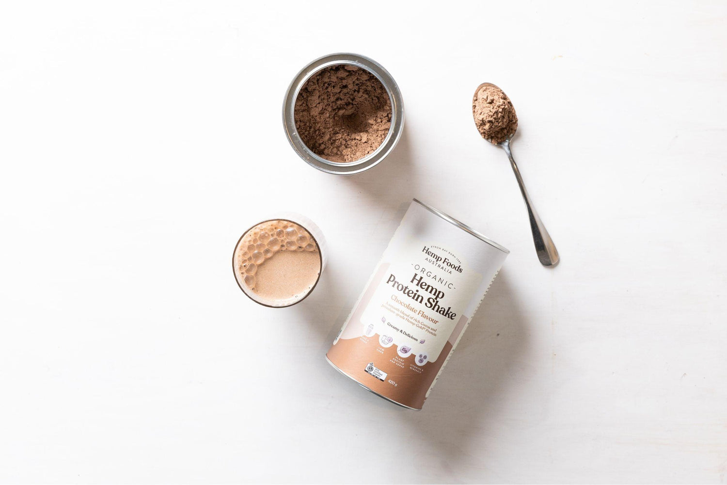 Hemp Foods Australia Chocolate Hemp Protein Shake — prepared shake lifestyle image