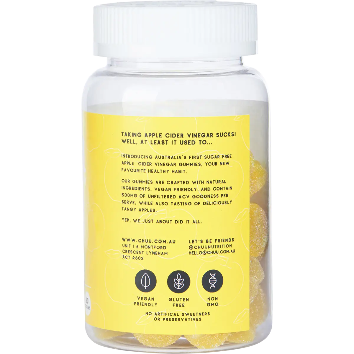 Chuu Nutrition Sugar Free Apple Cider Vinegar Gummies with The Mother — side pack image (UHP)