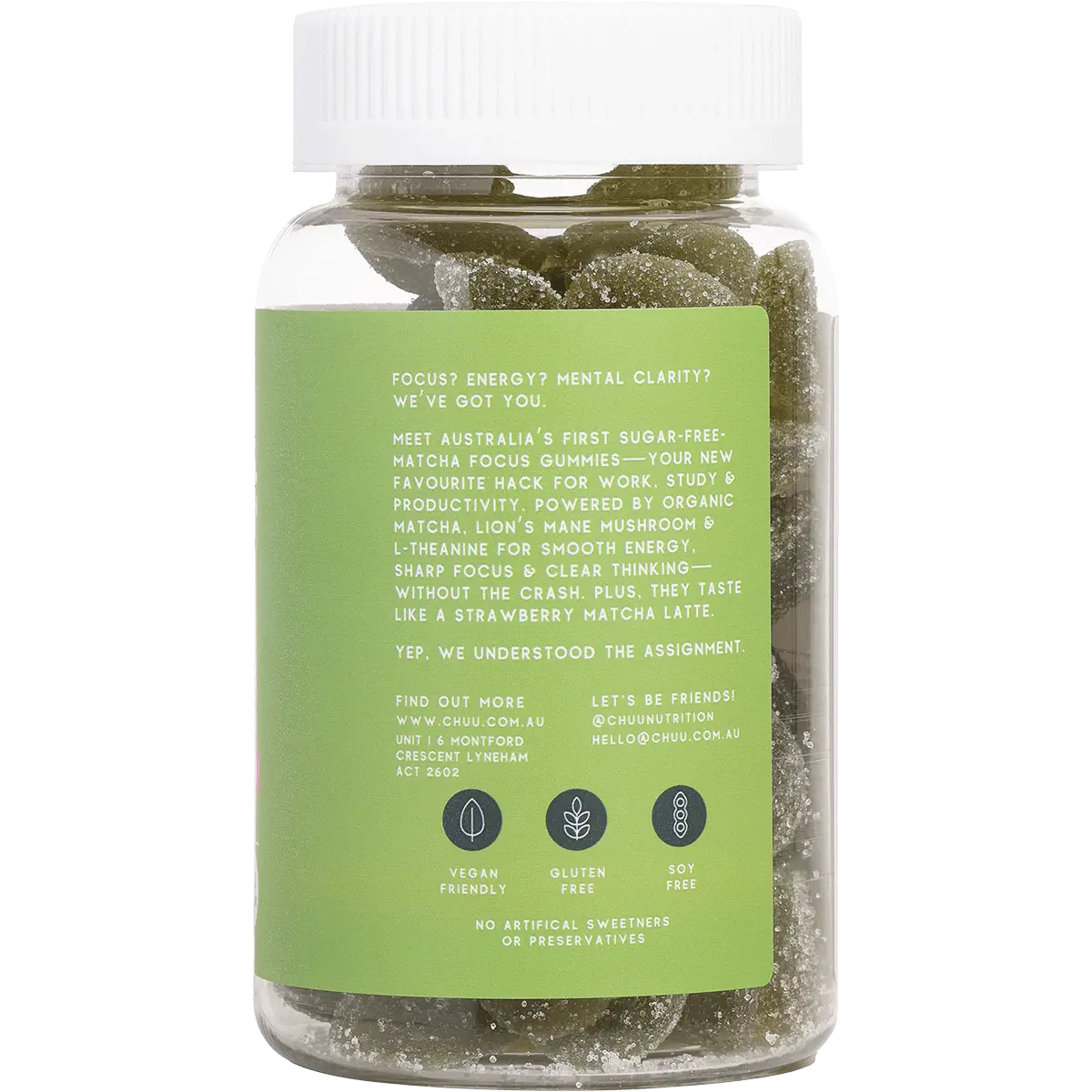 Chuu Nutrition Strawberry Matcha Focus Gummies Sugar Free 40pcs — side pack image (UHP)