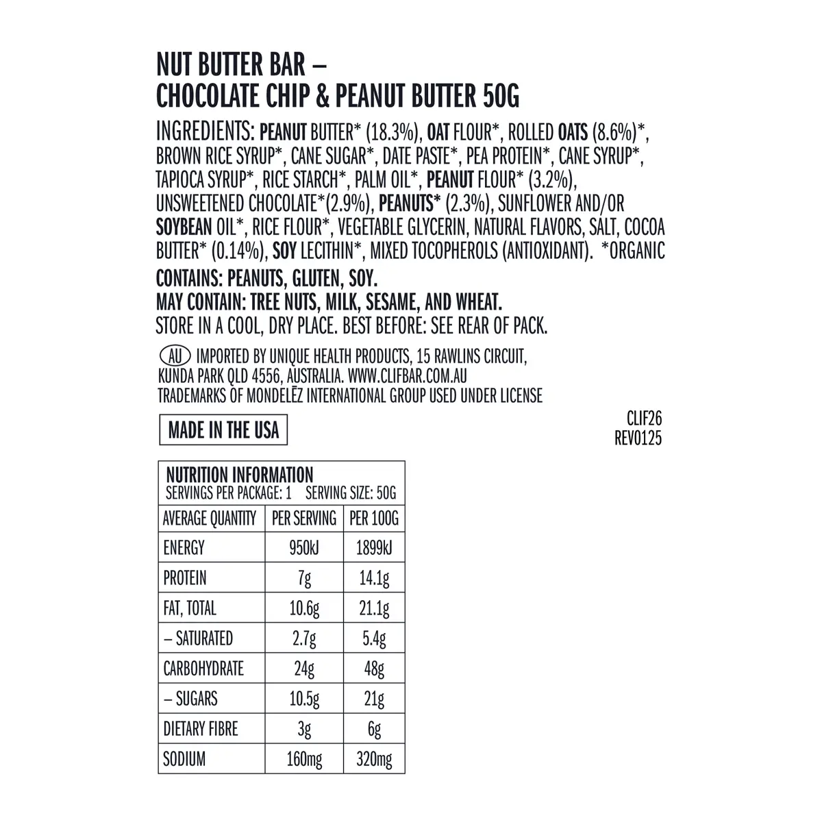 CLIF Nut Butter Bar Chocolate Chip & Peanut Butter 5x50g — back of pack and product information