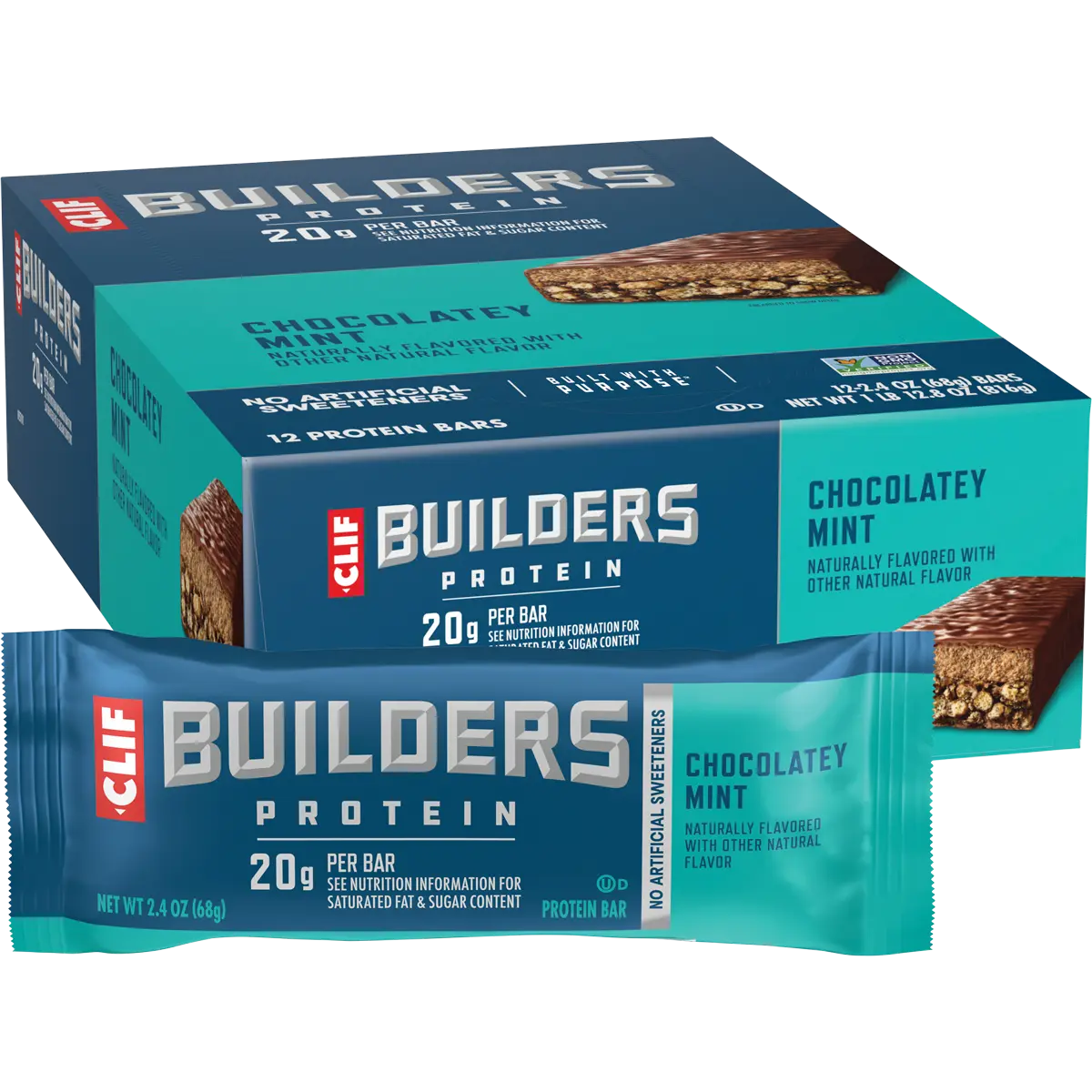 CLIF Builders Bar Chocolatey Mint 12x68g — pack and display view