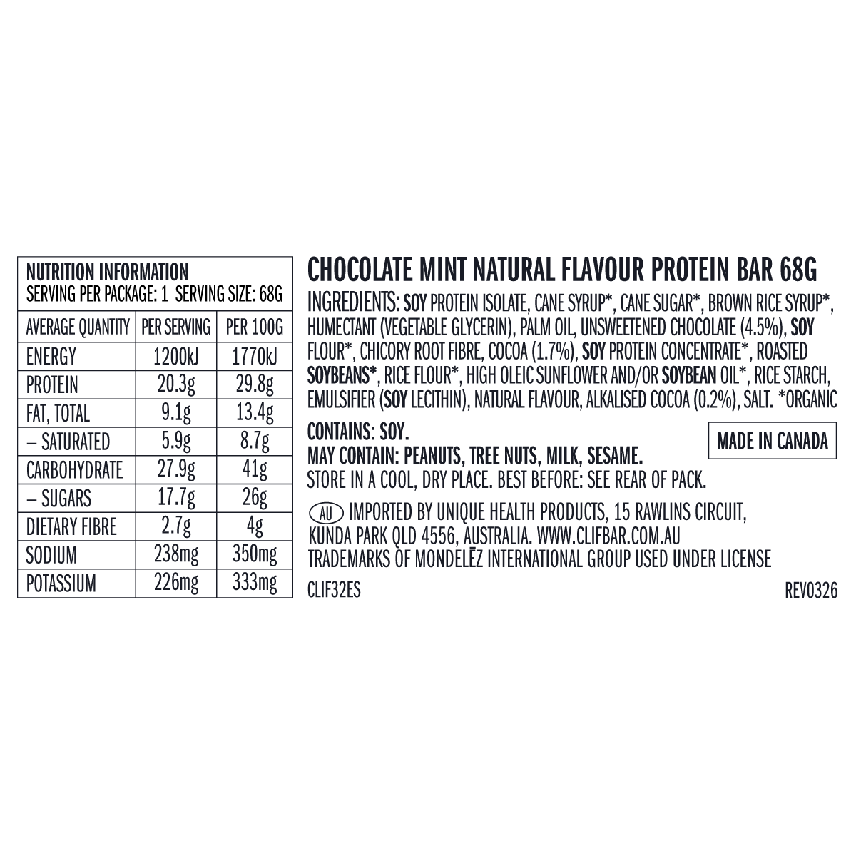 CLIF Builders Bar Chocolatey Mint 12x68g — back of pack and product information
