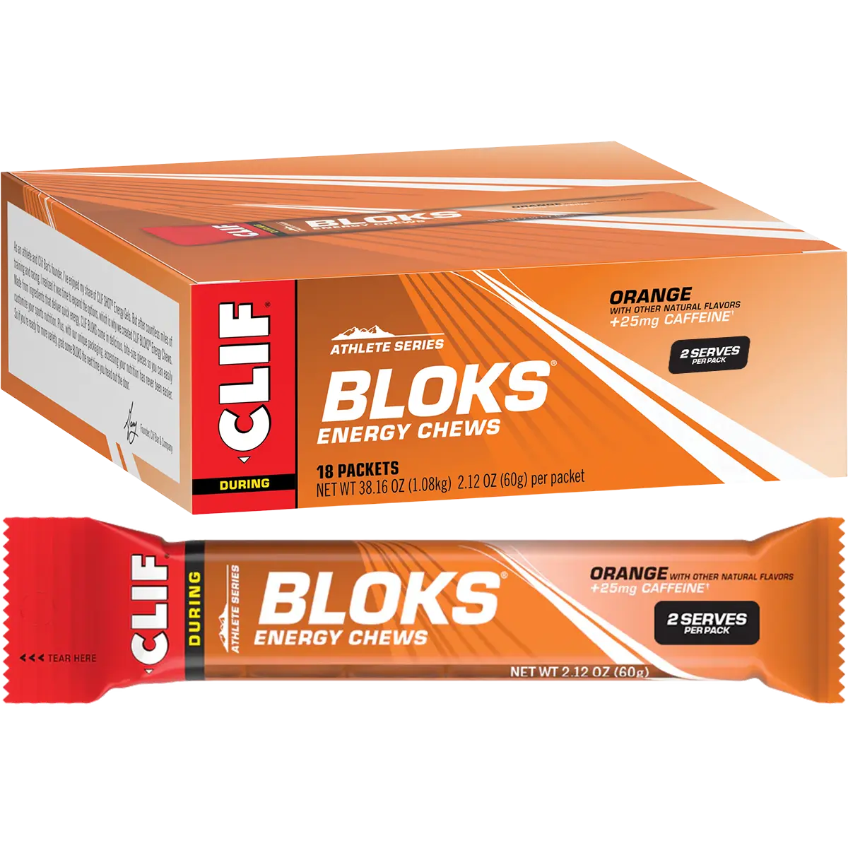 CLIF Bloks Energy Chews Orange 25mg Caffeine 18x60g — pack and display view