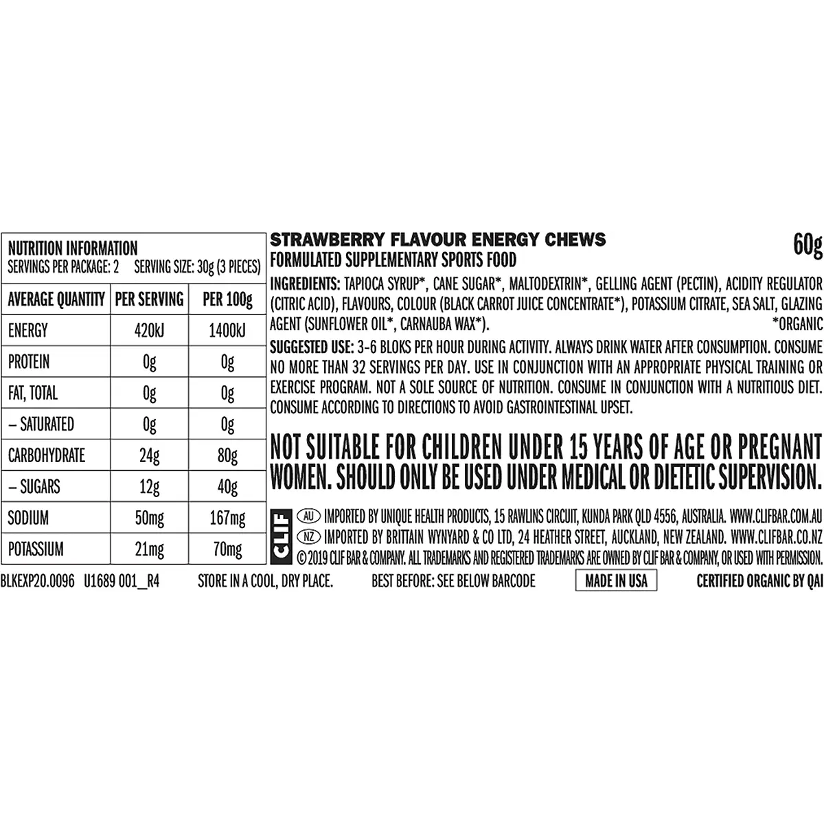 CLIF Bloks Energy Chews Strawberry 18x60g — back of pack and product information