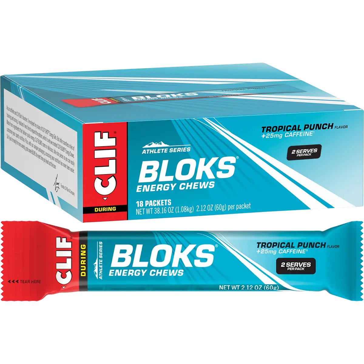 CLIF Bloks Energy Chews Tropical Punch 25mg Caffeine 18x60g — pack and display view