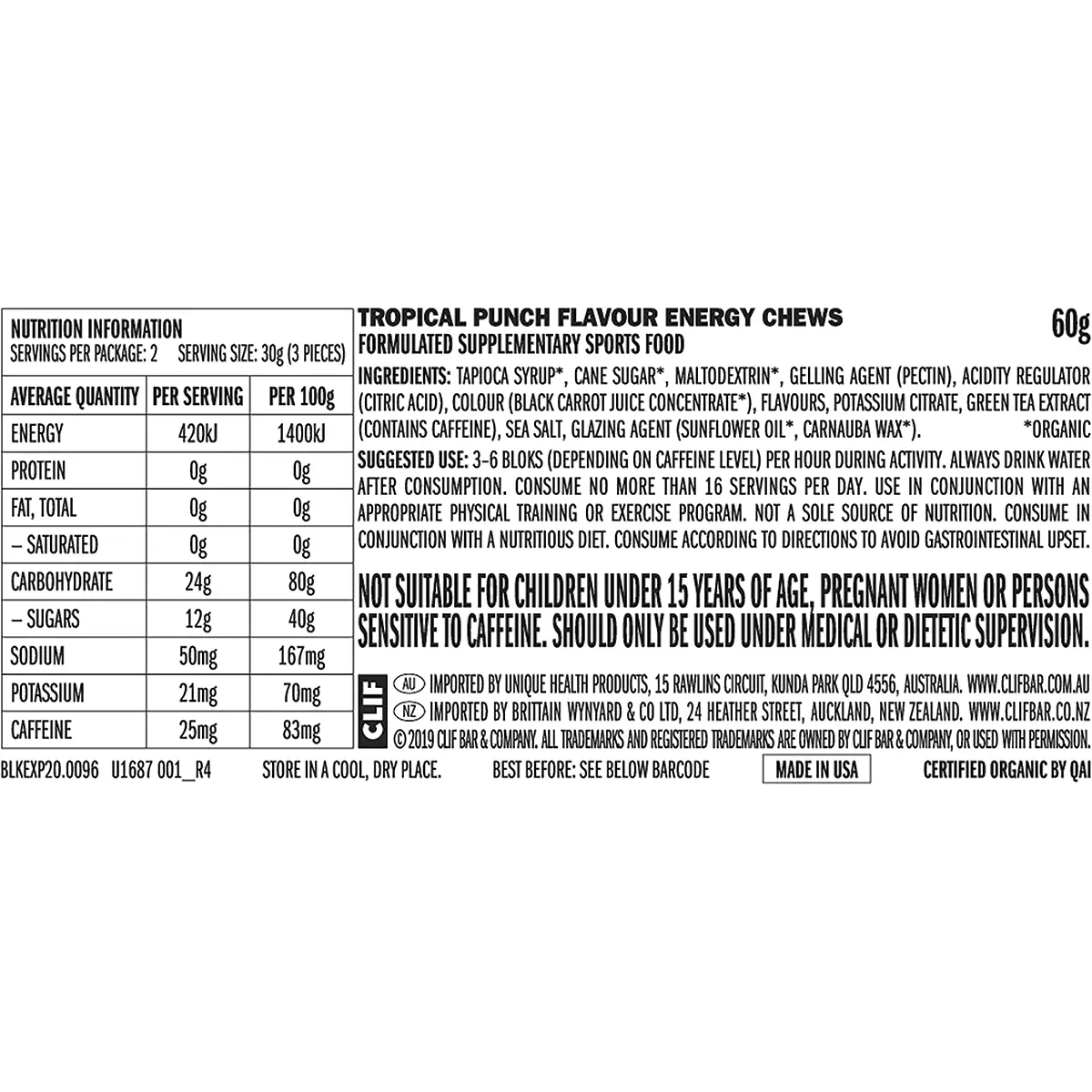 CLIF Bloks Energy Chews Tropical Punch 25mg Caffeine 18x60g — back of pack and product information