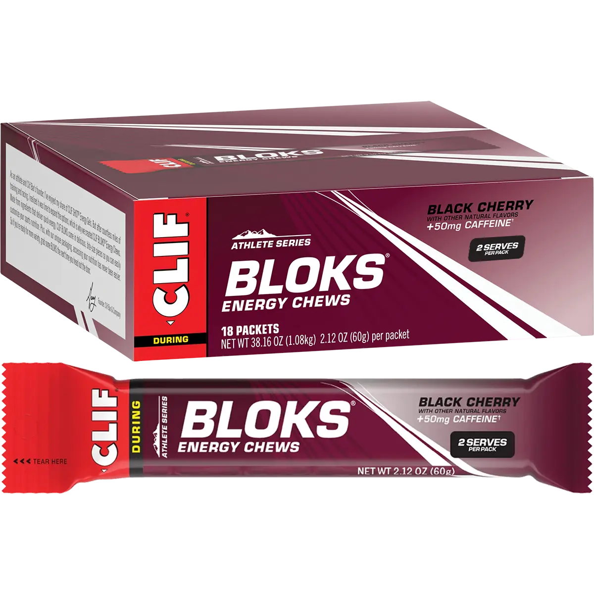 CLIF Bloks Energy Chews Black Cherry 50mg Caffeine 18x60g — pack and display view