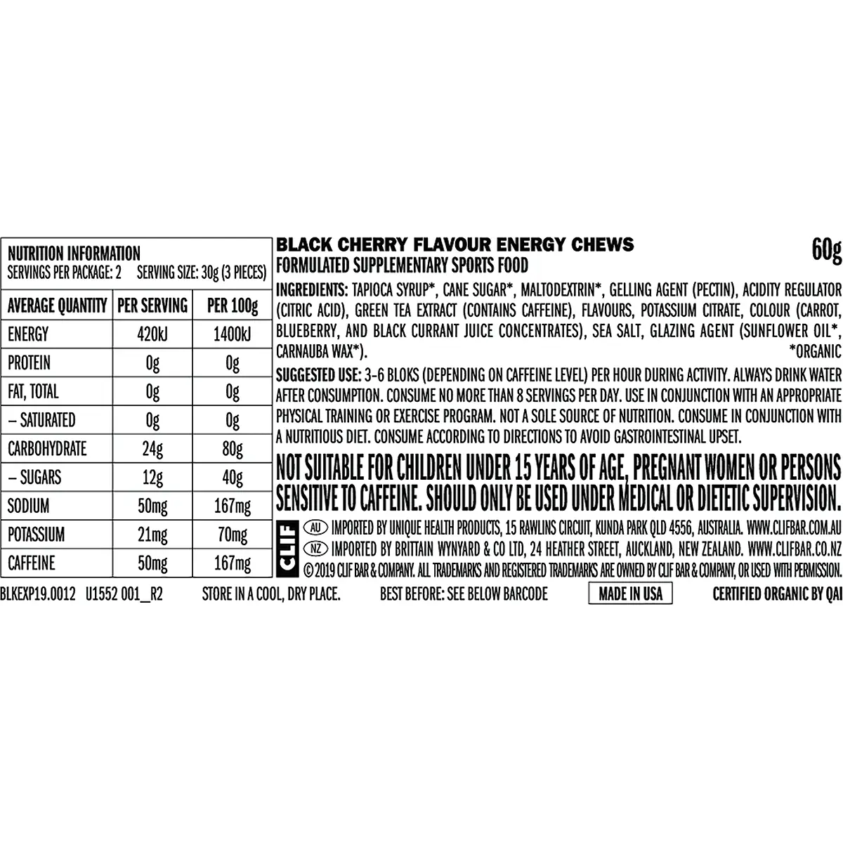 CLIF Bloks Energy Chews Black Cherry 50mg Caffeine 18x60g — back of pack and product information