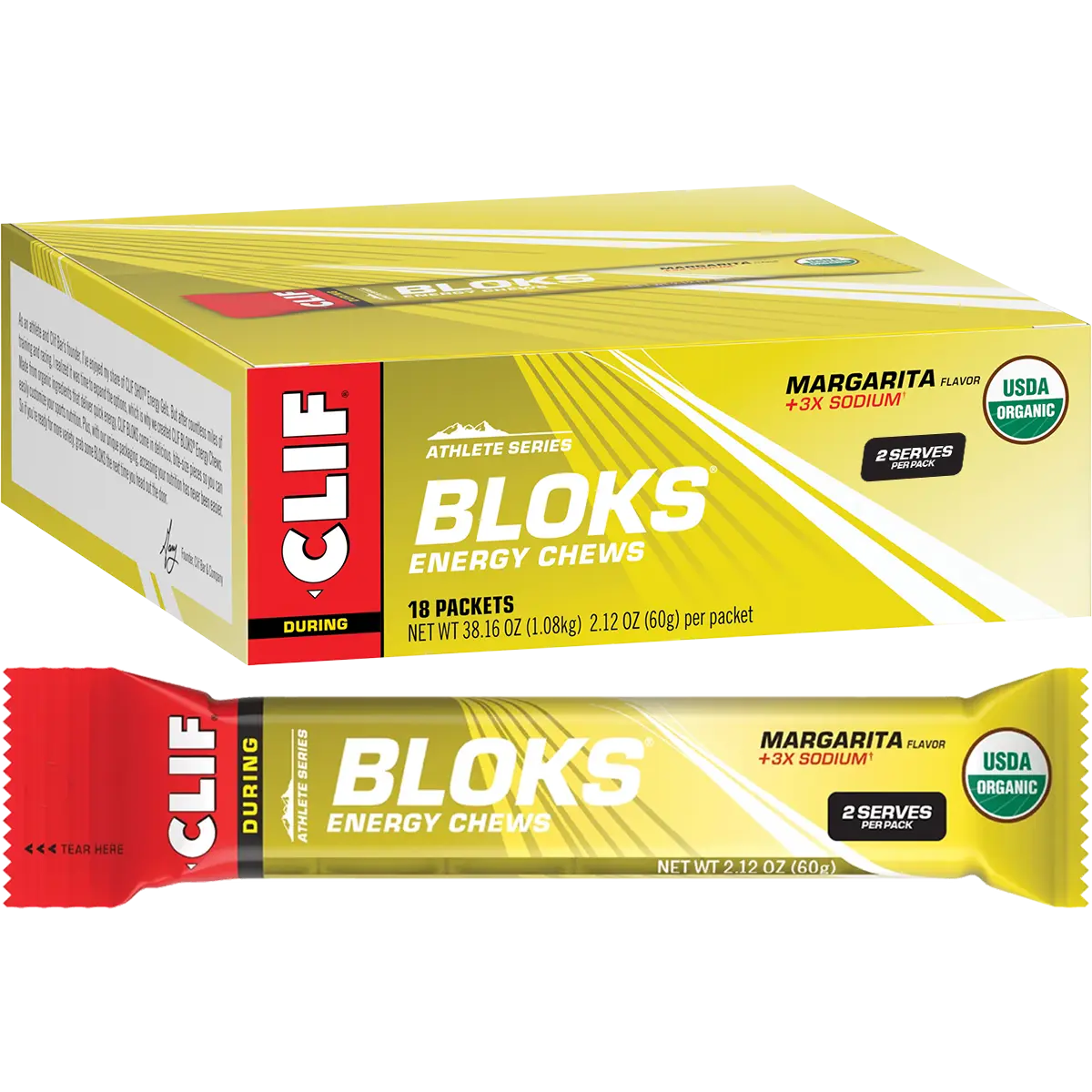 CLIF Bloks Energy Chews Margarita 150mg Sodium 18x60g — pack and display view