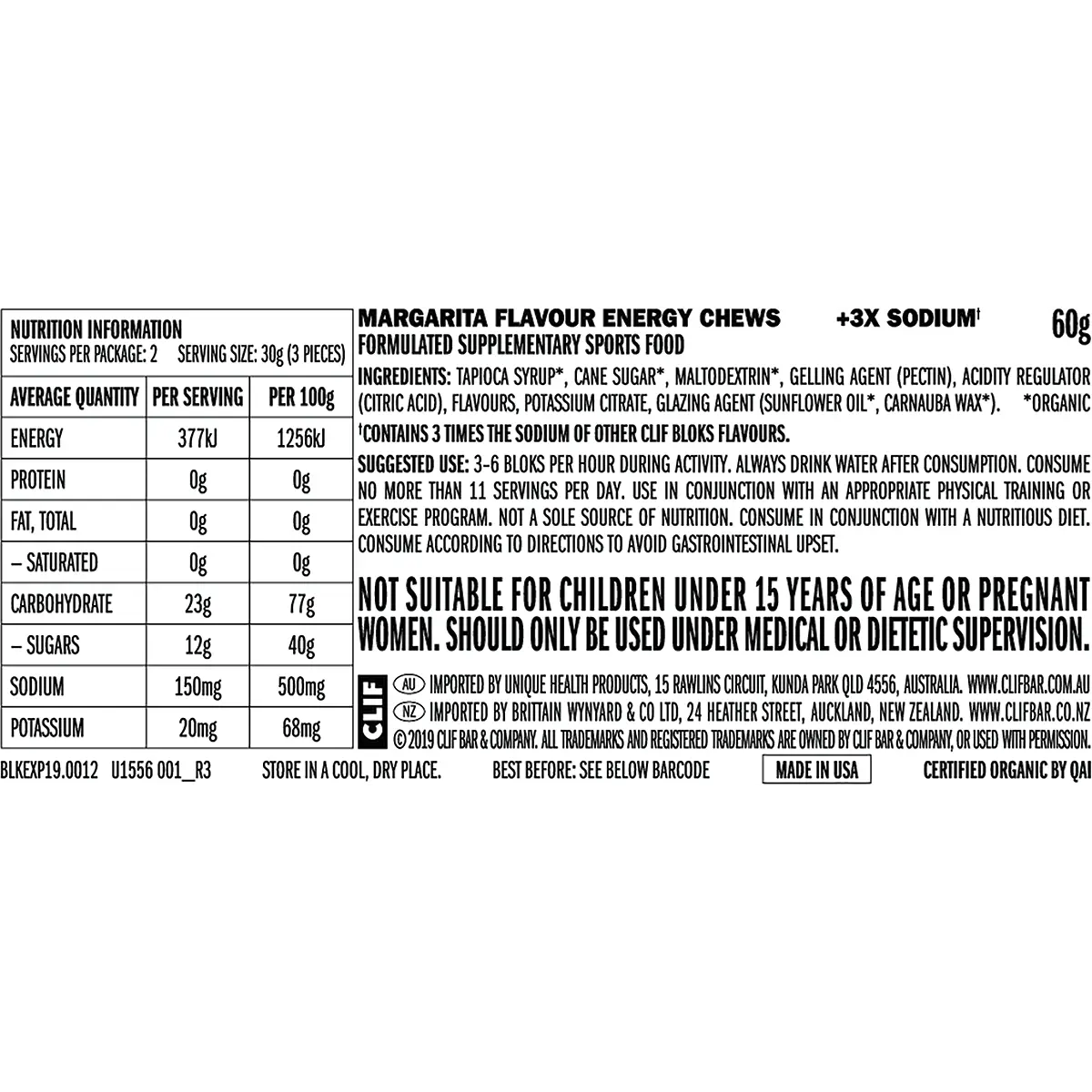 CLIF Bloks Energy Chews Margarita 150mg Sodium 18x60g — back of pack and product information