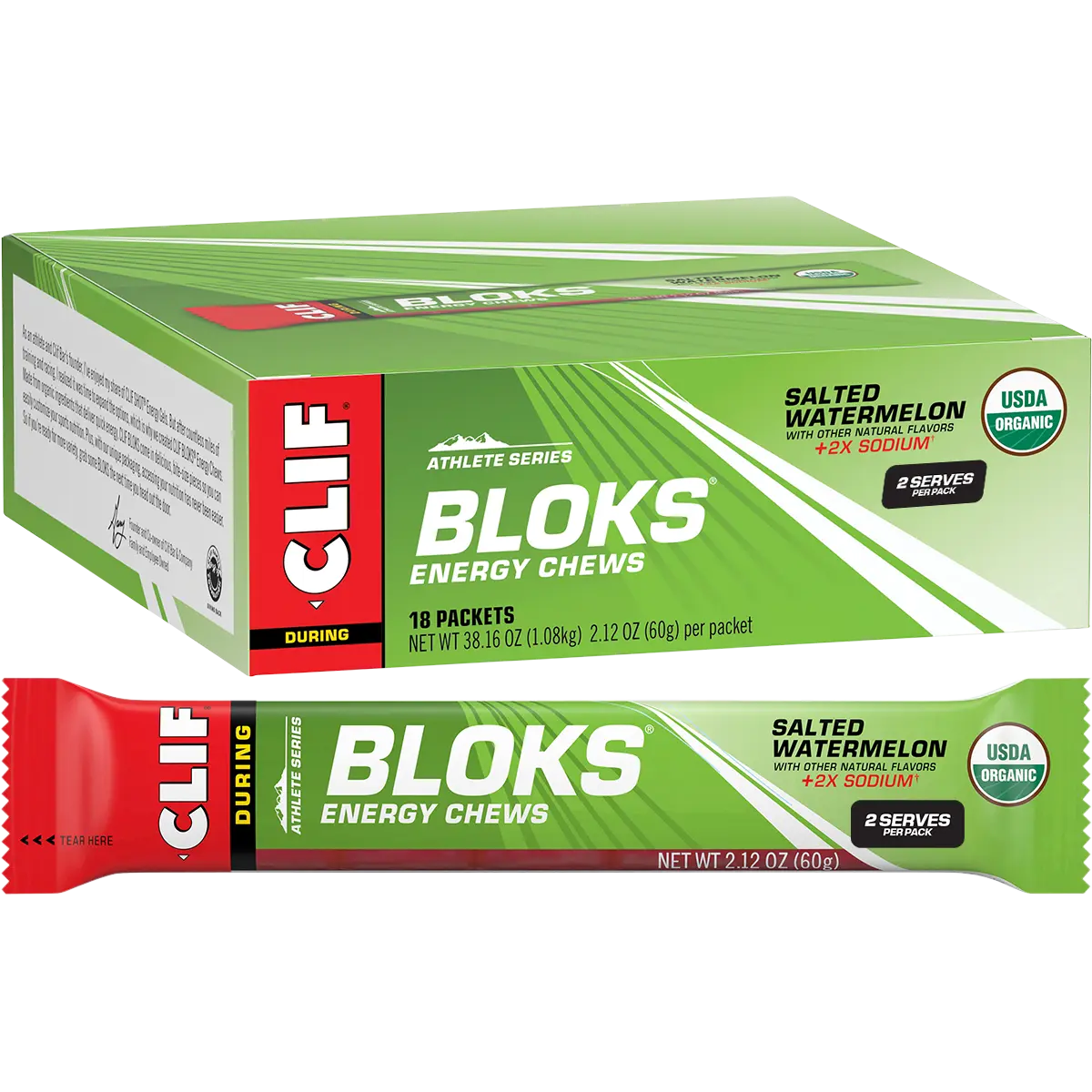 CLIF Bloks Energy Chews Salted Watermelon 100mg Sodium 18x60g — pack and display view