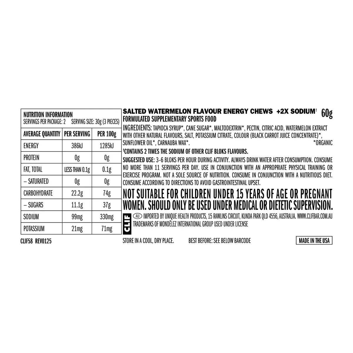 CLIF Bloks Energy Chews Salted Watermelon 100mg Sodium 18x60g — back of pack and product information
