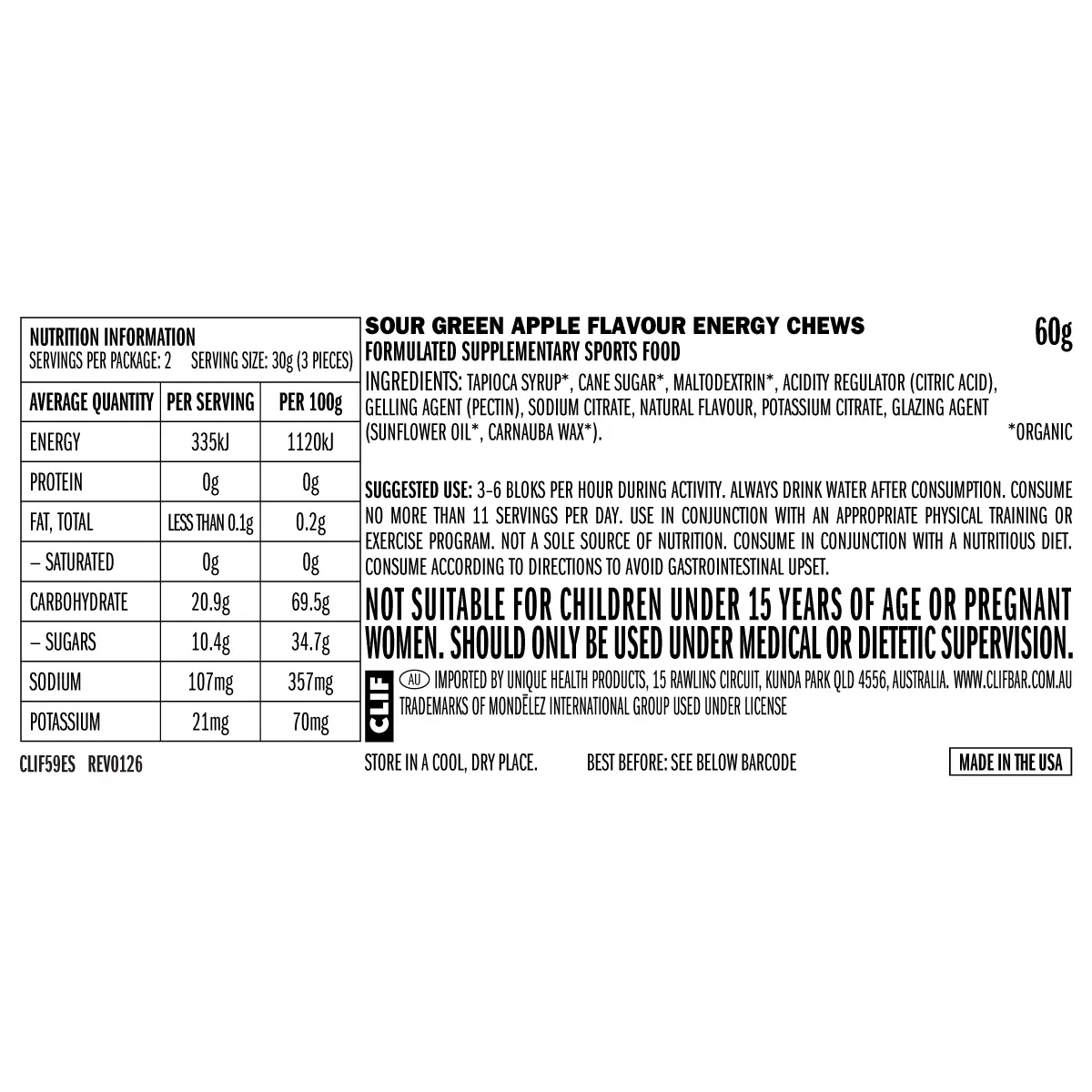 CLIF Bloks Energy Chews Sour Green Apple 18x60g — back of pack and product information