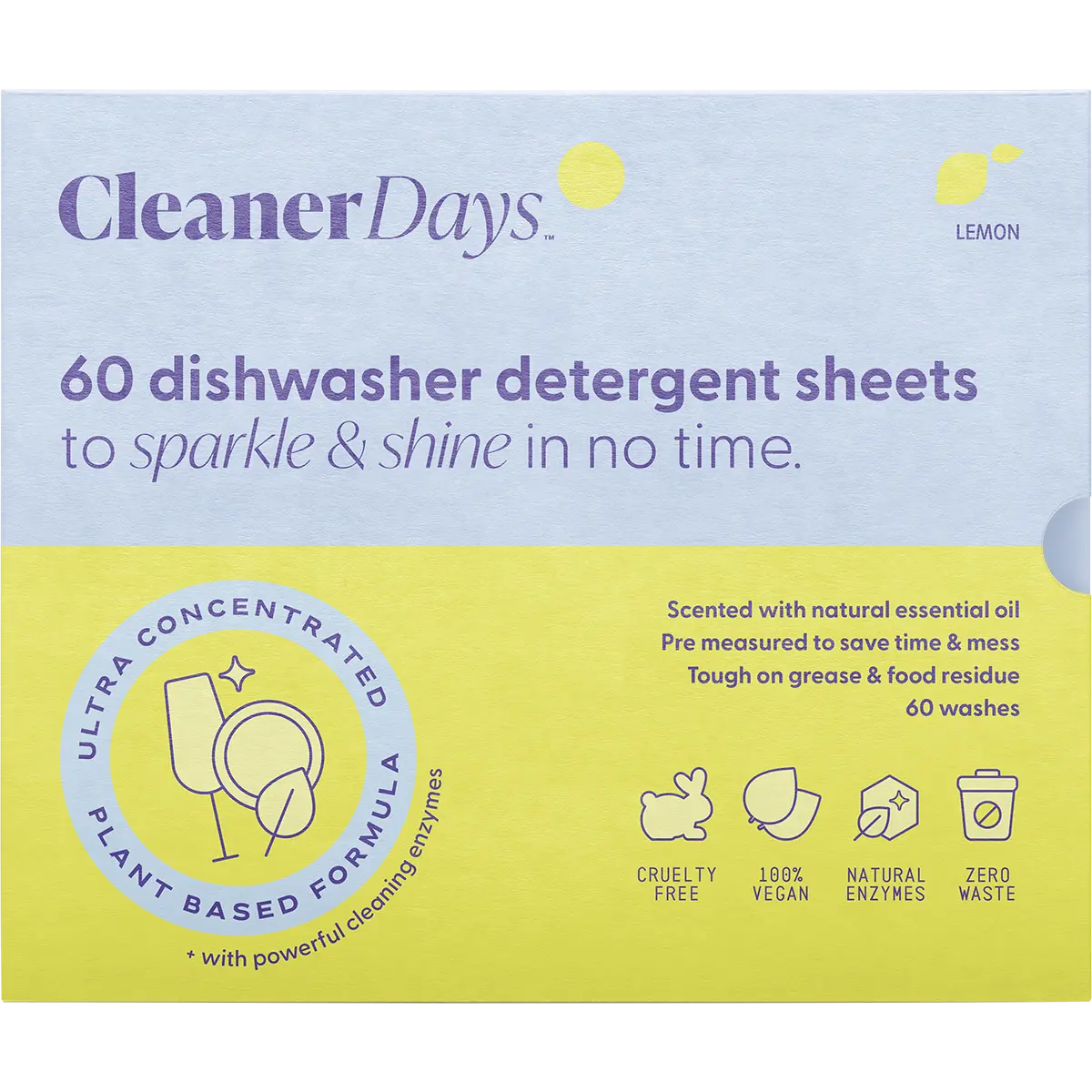Cleaner Days Dishwasher Detergent Sheets Lemon 60pcs — front pack image (UHP)