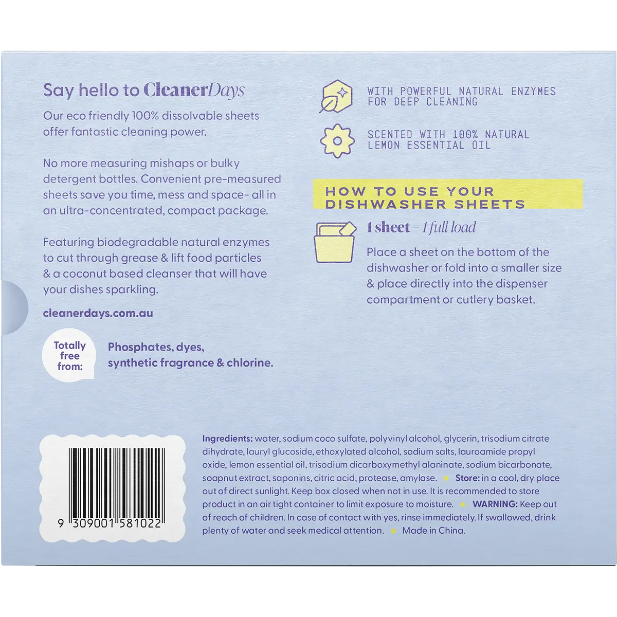 Cleaner Days Dishwasher Detergent Sheets Lemon 60pcs — back pack image (UHP)