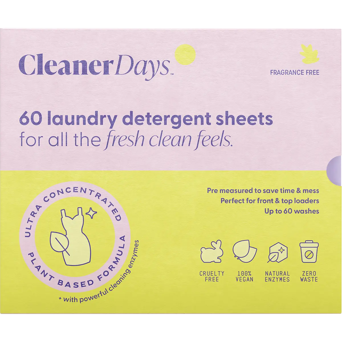 Cleaner Days Laundry Detergent Sheets Fragrance Free 60pcs — front pack image (UHP)
