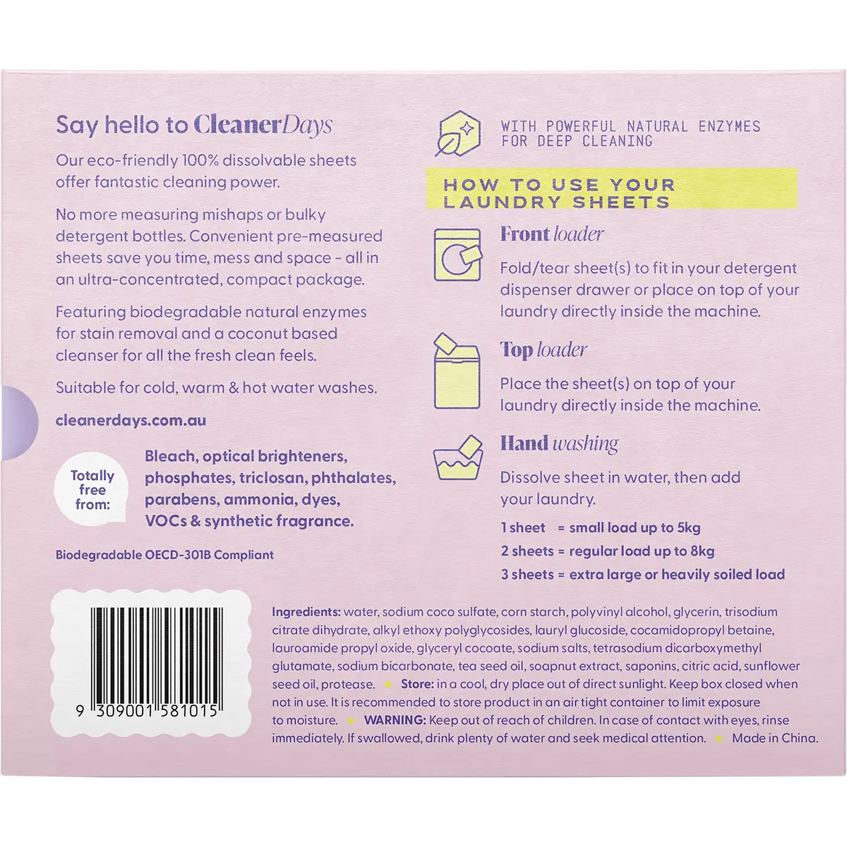 Cleaner Days Laundry Detergent Sheets Fragrance Free 60pcs — back pack image (UHP)