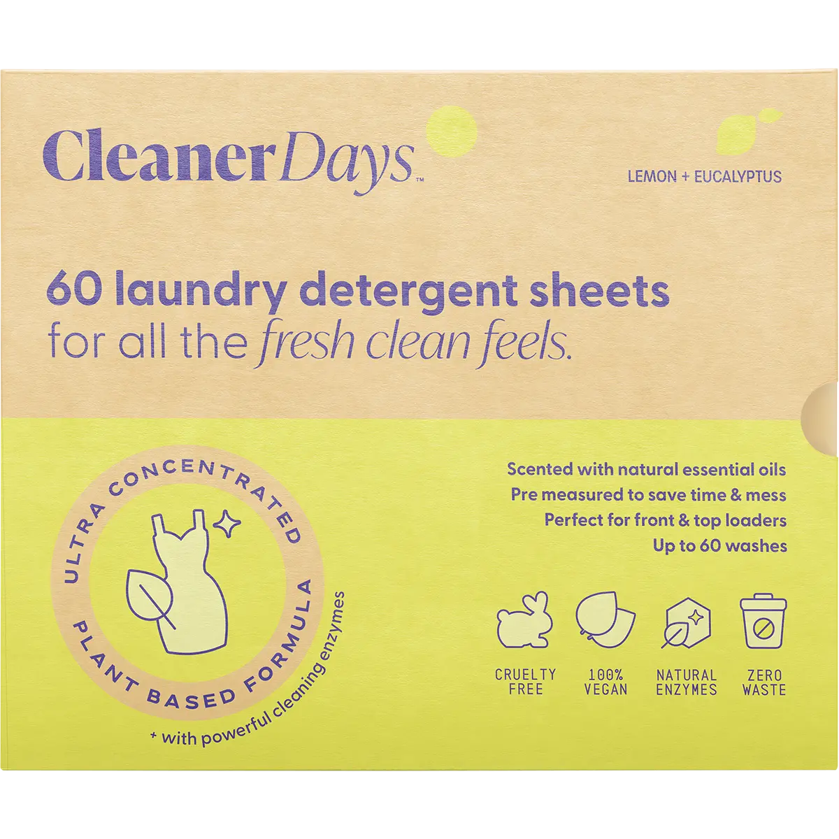 Cleaner Days Laundry Detergent Sheets Lemon + Eucalyptus 60pcs — front pack image (UHP)