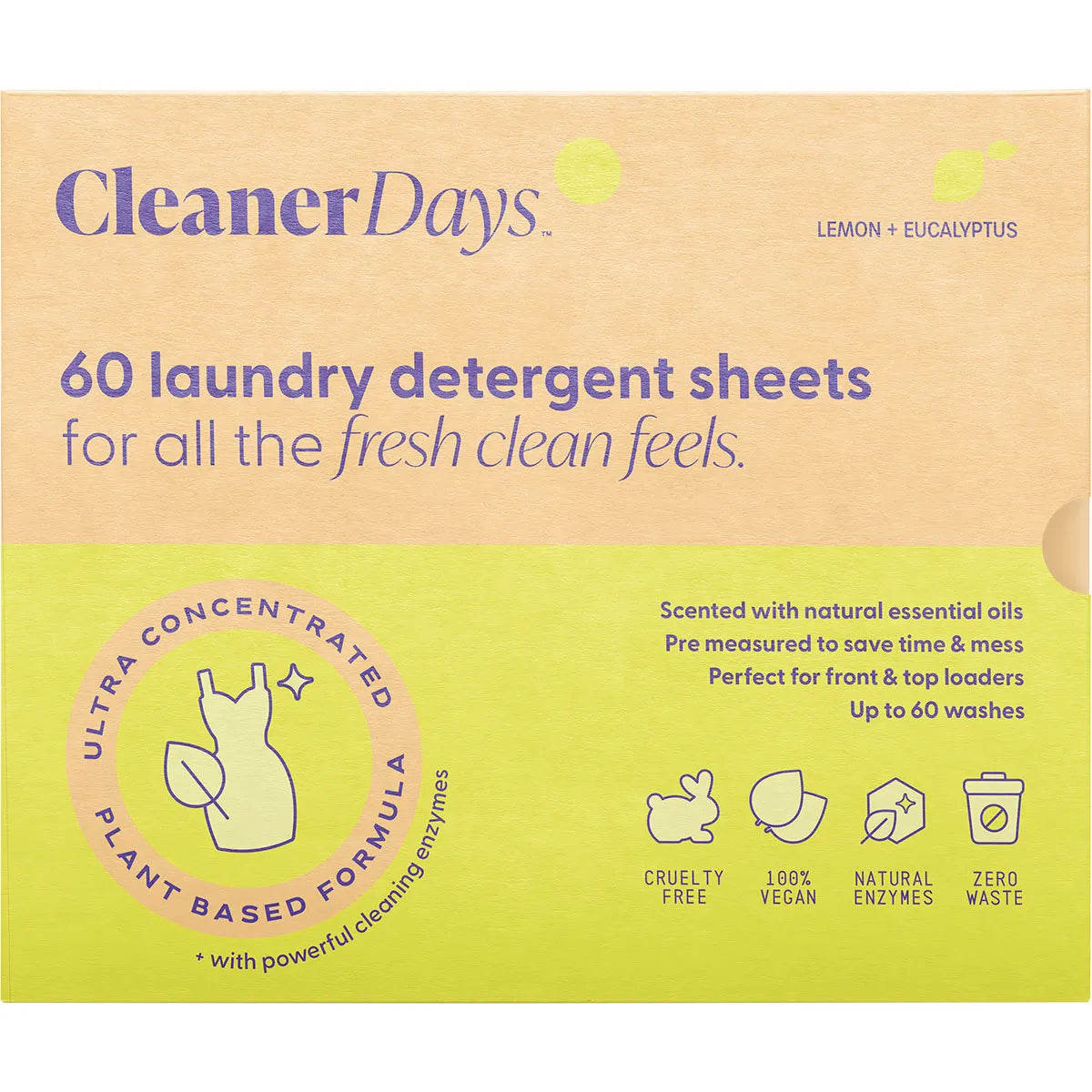 Cleaner Days Laundry Detergent Sheets Lemon + Eucalyptus 60pcs