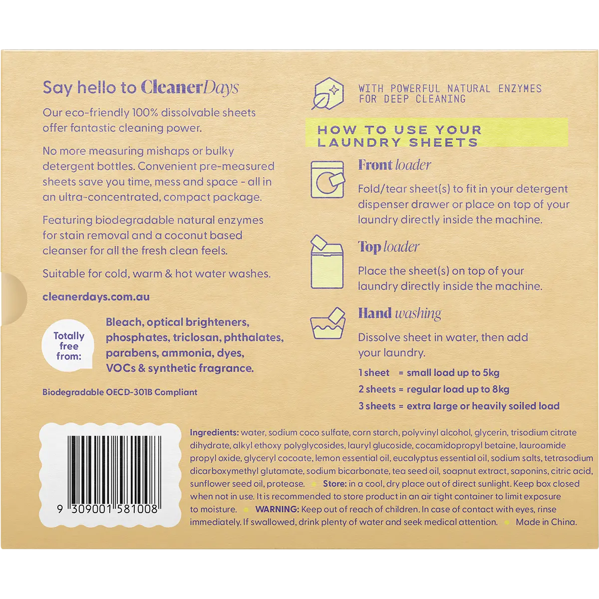 Cleaner Days Laundry Detergent Sheets Lemon + Eucalyptus 60pcs — back pack image (UHP)