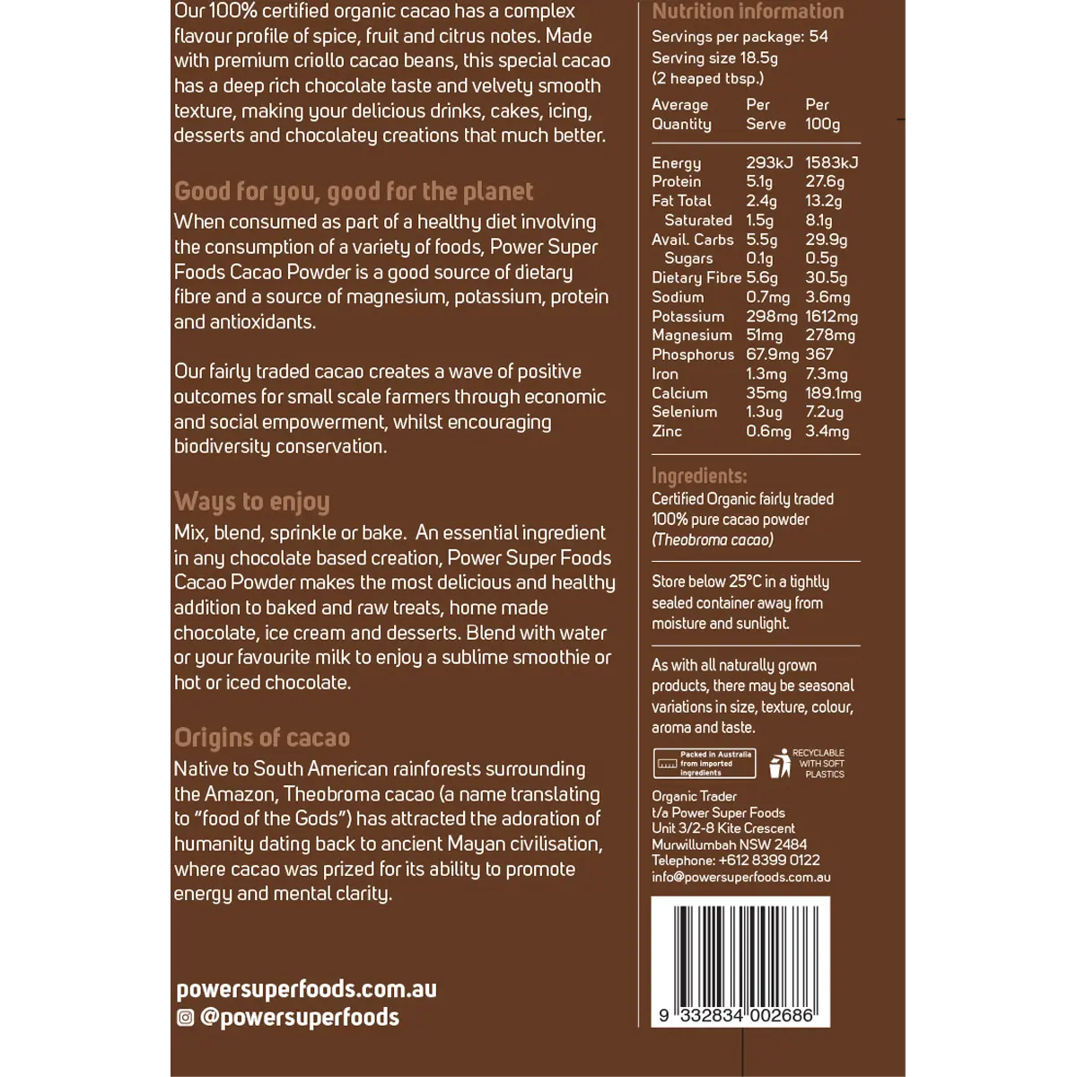 Power Super Foods Organic Cacao Powder - Origin